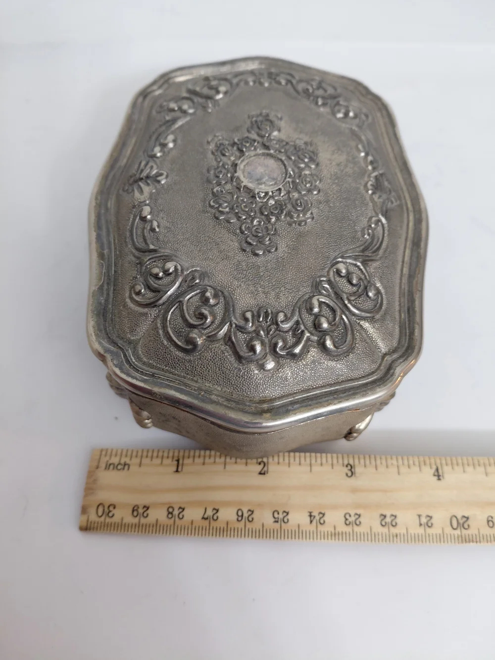 Vintage Jewelry Trinket Box Rose Design Silver Plated Footed
